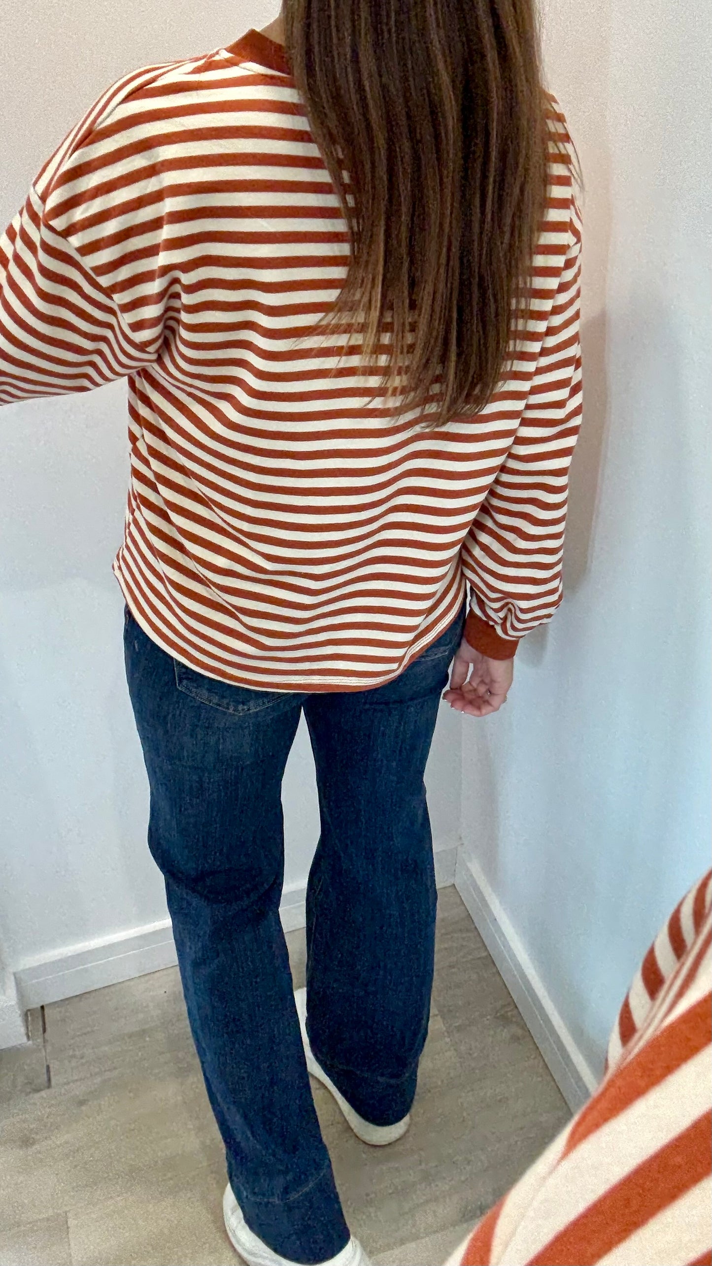 RUST AND CREAM STRIPE CREW SWEAT TOP