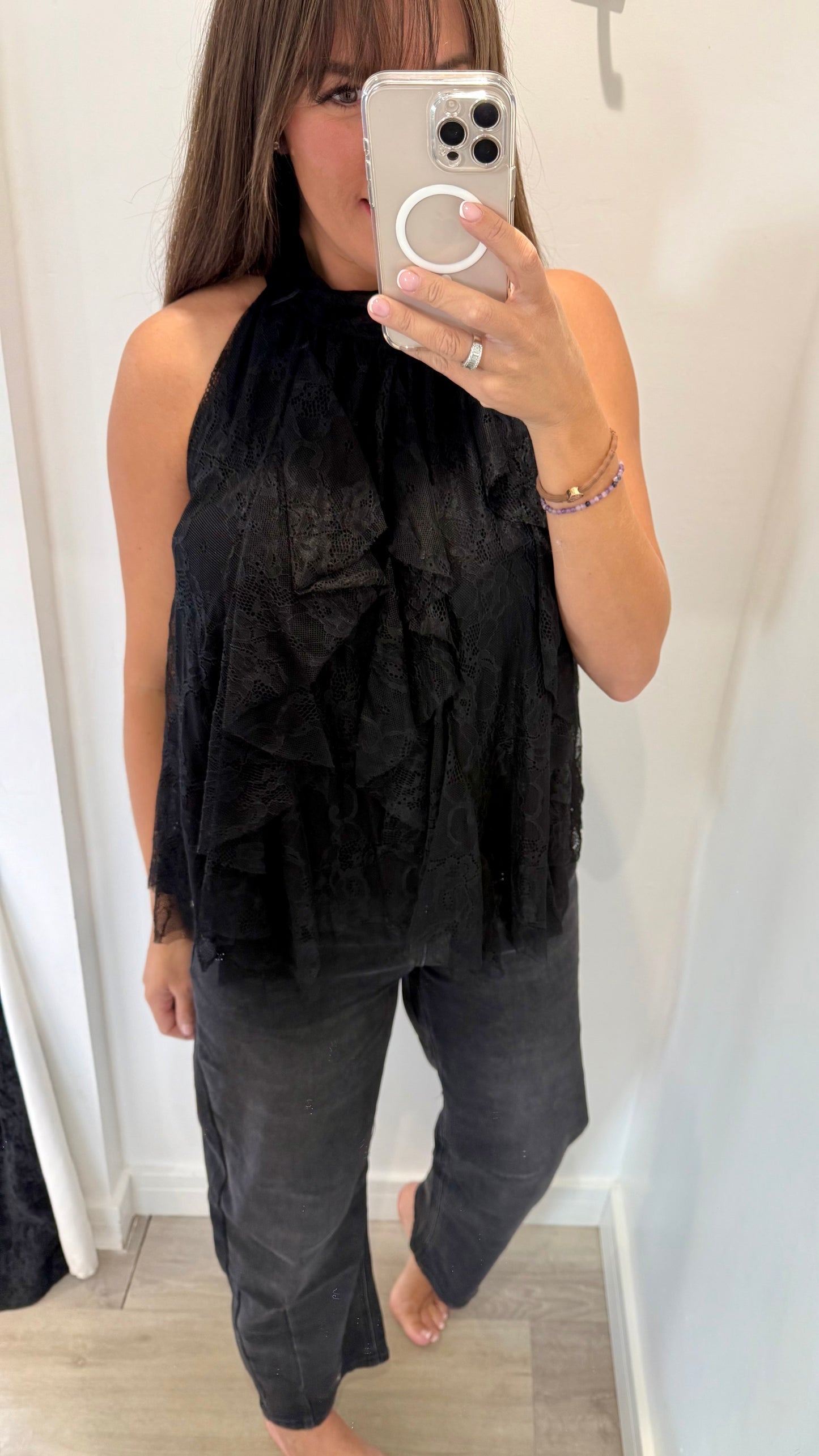 HALTERNECK LACE RUFFLE TOP