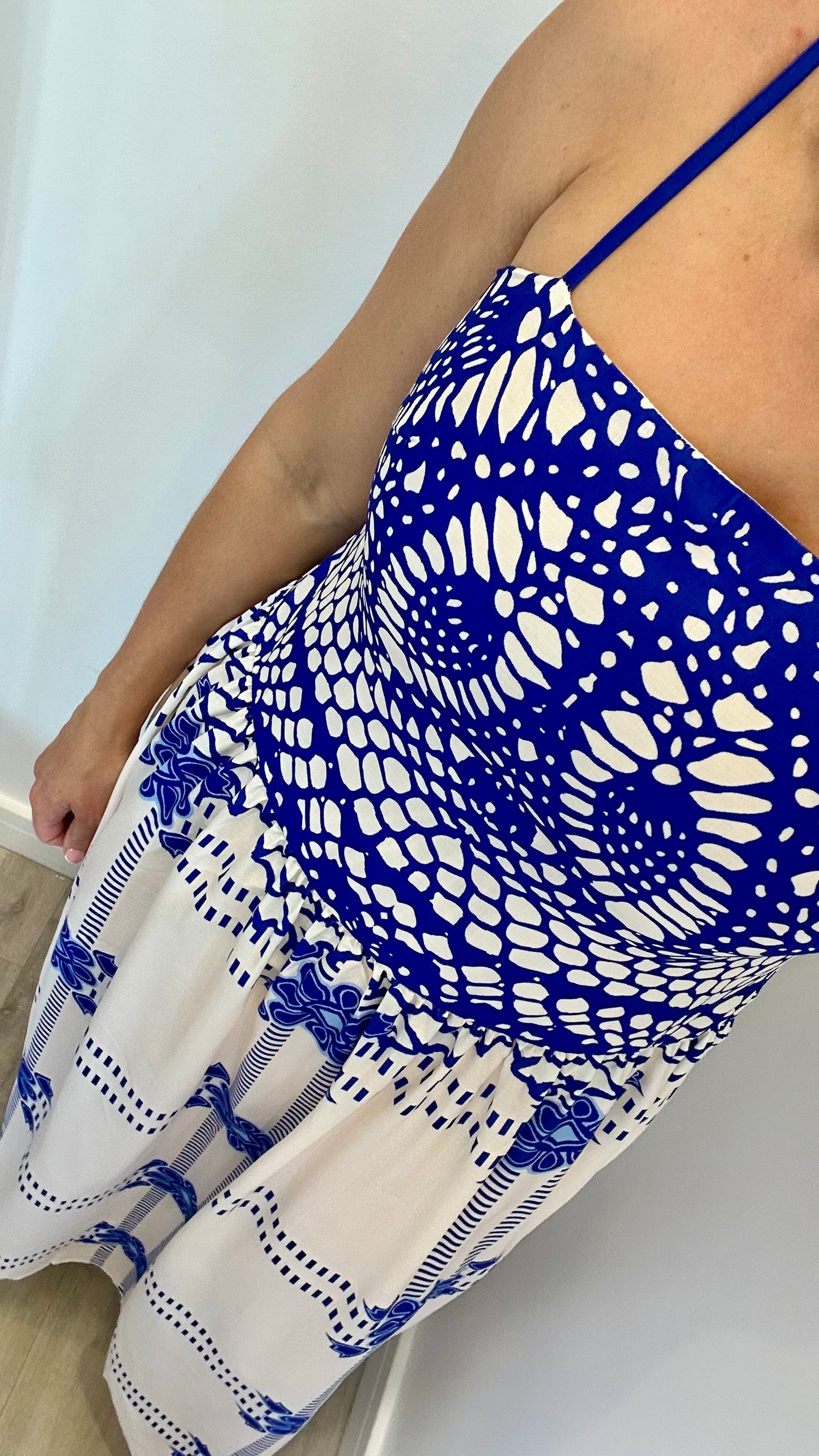 ROYAL BLUE AND WHITE EMBROIDERED MAXI DRESS WITH FITTED BODICE