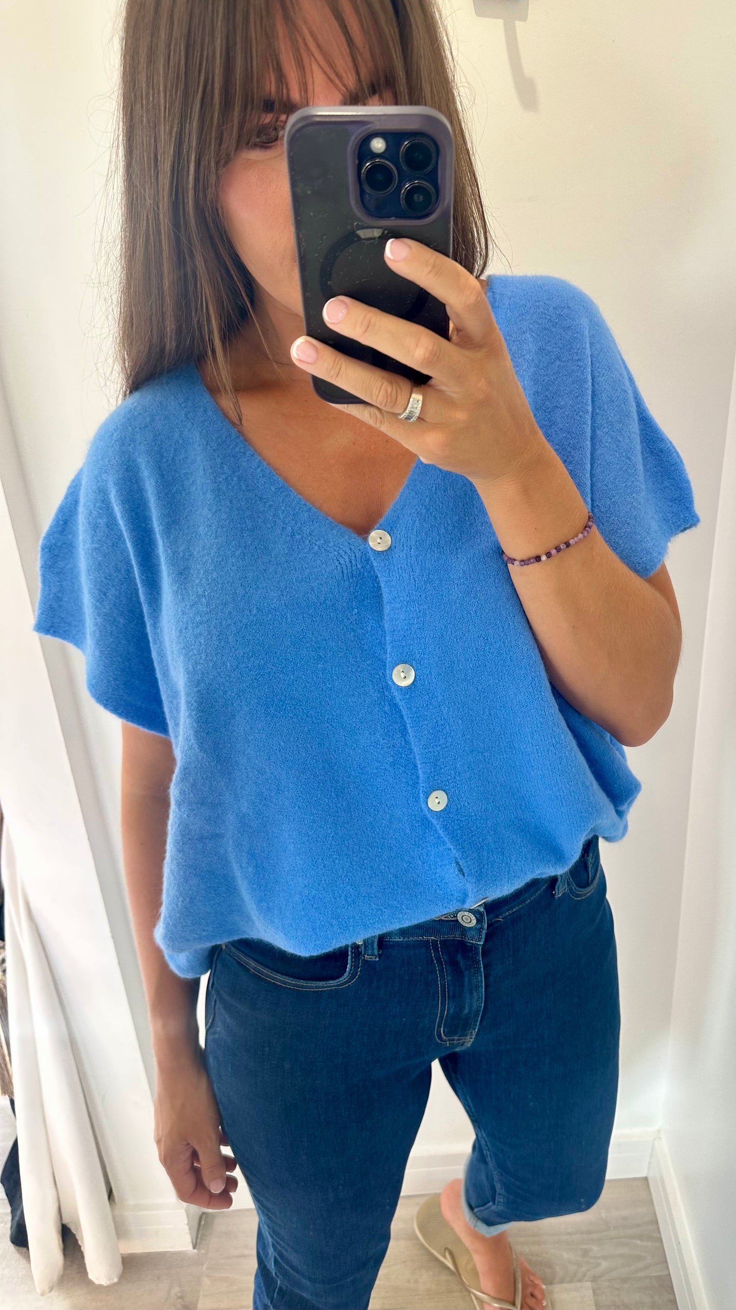 BLUE DEEP V BOXY SLEEVELESS CARDIGAN