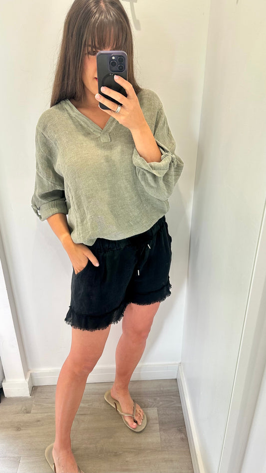 BLACK LINEN MIX SHORTS