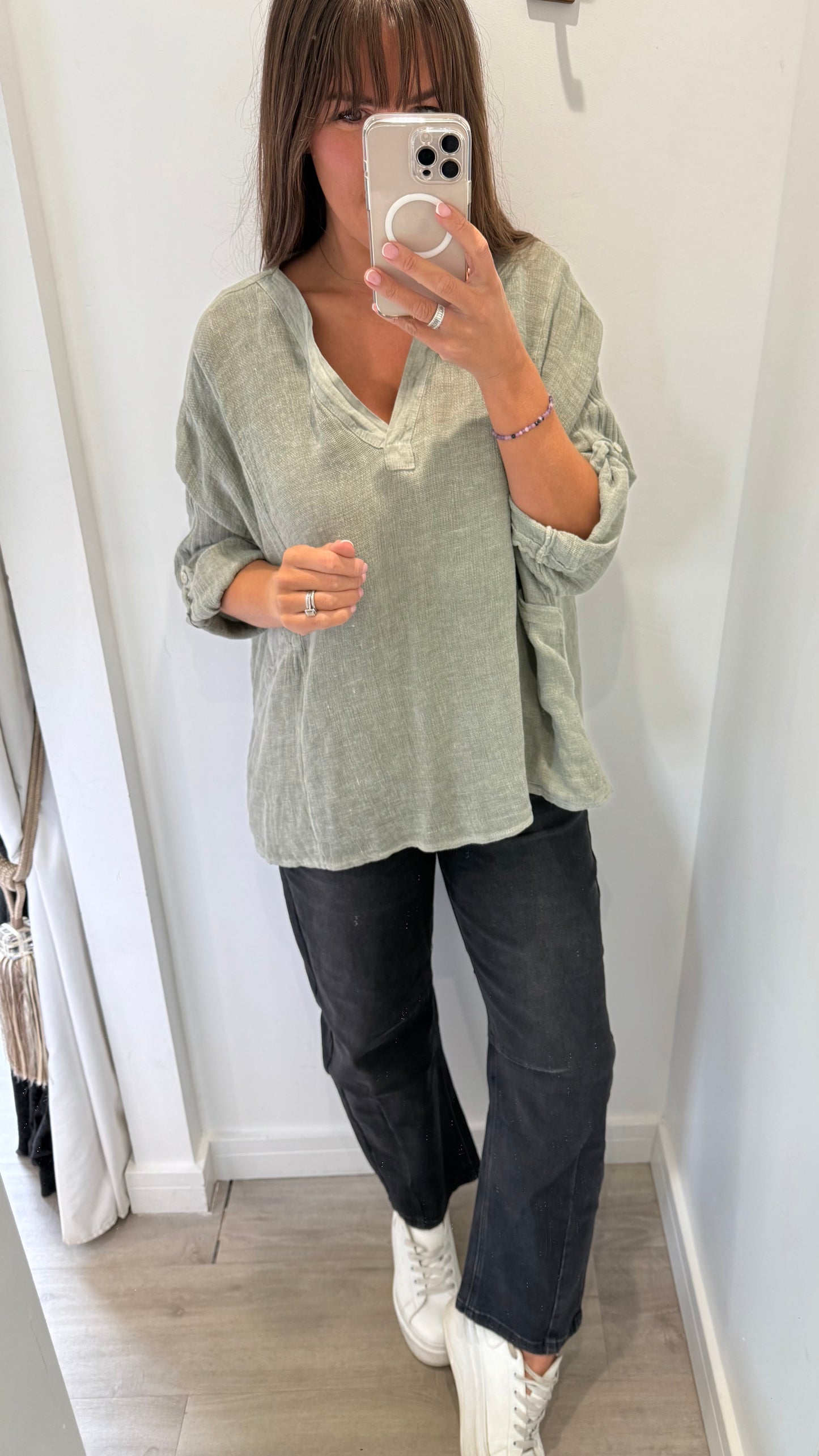 KHAKI LINEN MIX V NECK TEABAG TOP