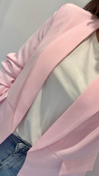 BABY PINK RUCHED SLEEVE BLAZER