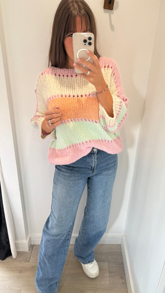 PASTEL COLOUR BLOCK CROCHET STYLE KNIT JUMPER