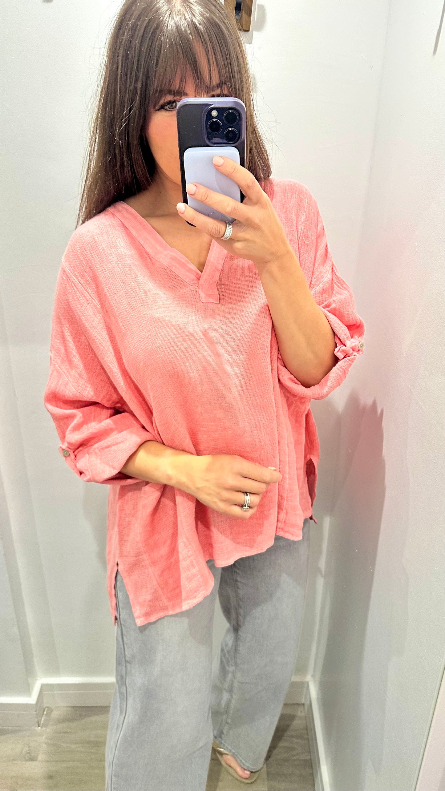 CORAL LINEN MIX V NECK TEABAG TOP