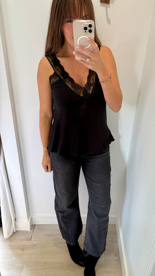 BLACK CHEESECLOTH LACE-TRIM CAMI VEST TOP