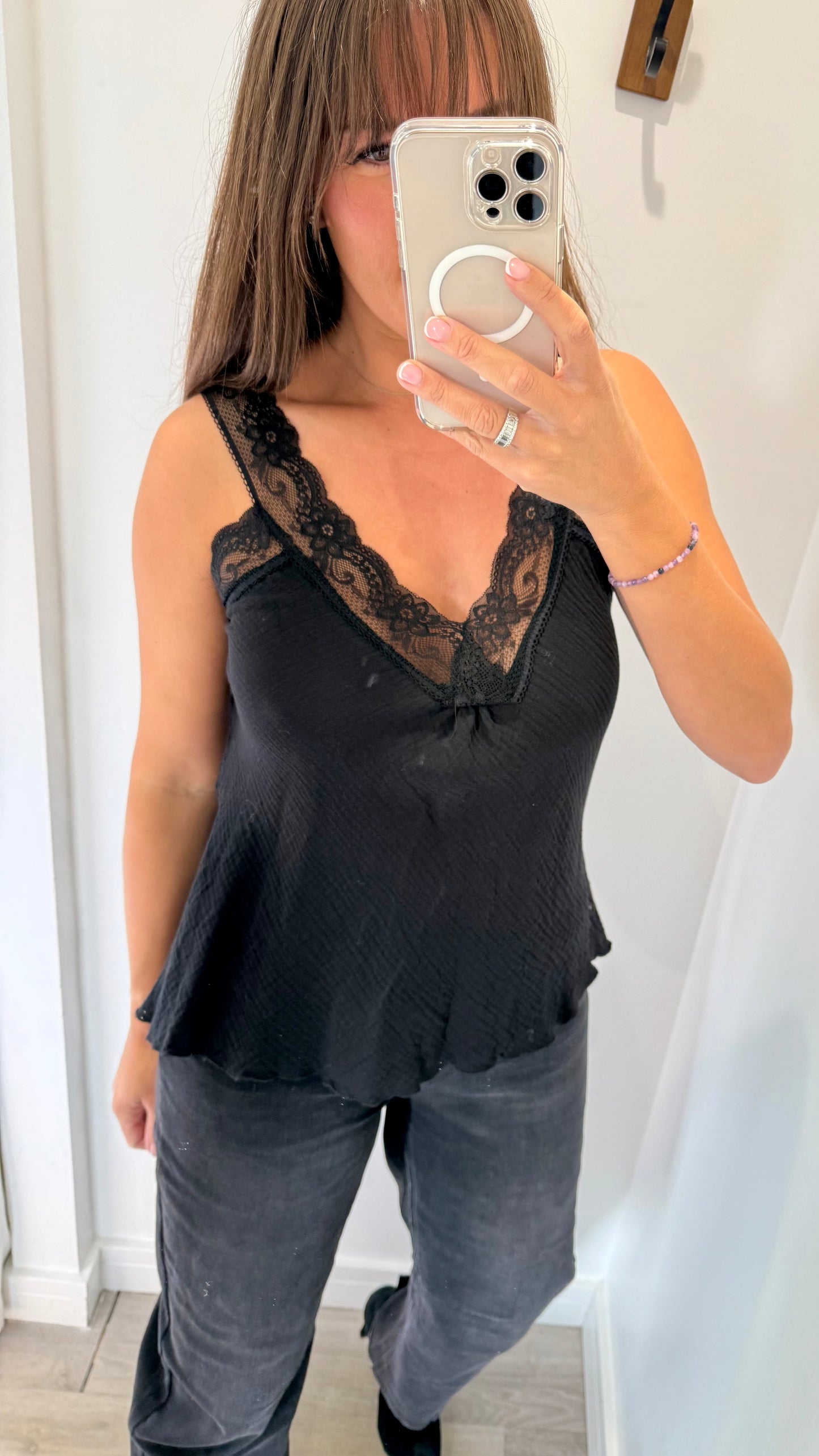 BLACK CHEESECLOTH LACE-TRIM CAMI VEST TOP