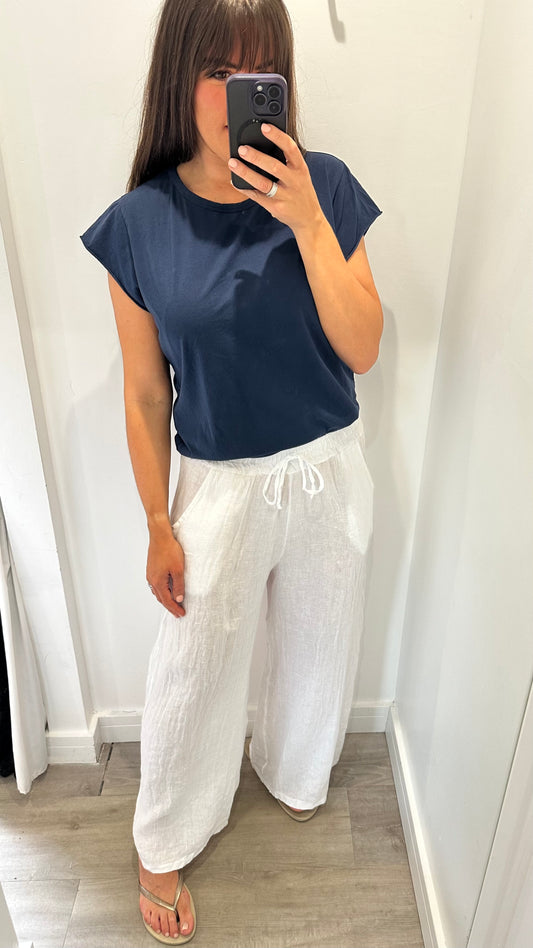 WHITE LINEN WIDE LEG TROUSERS