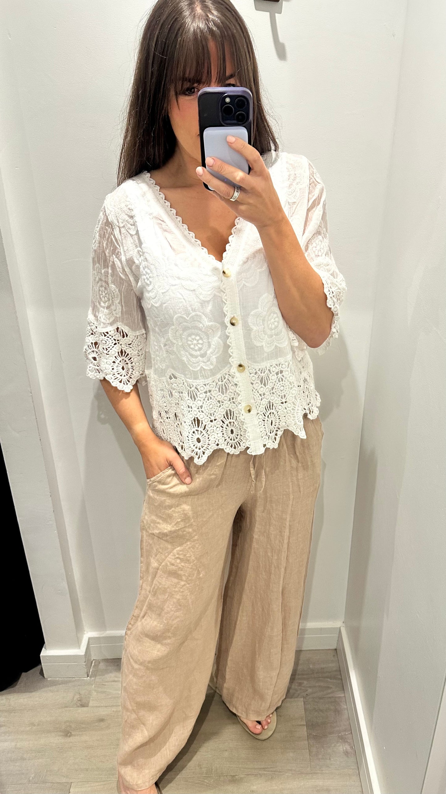 WHITE FLORAL APPLIQUE V NECK TOP