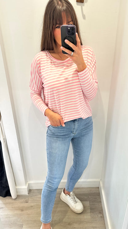 PINK AND WHITE BRETON STRIPE BATWING TOP