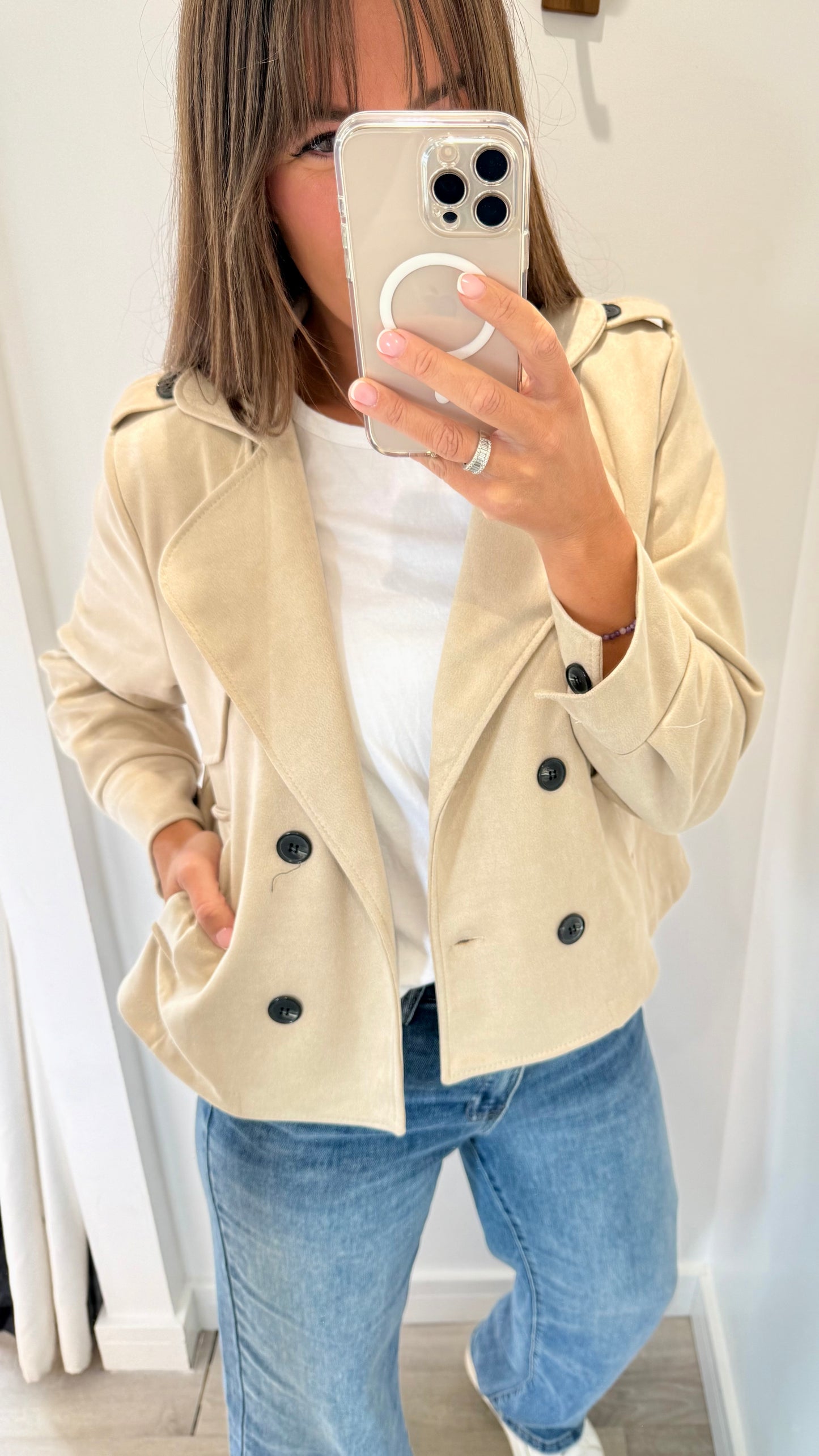 STONE SUEDE-EFFECT BUTTONED JACKET