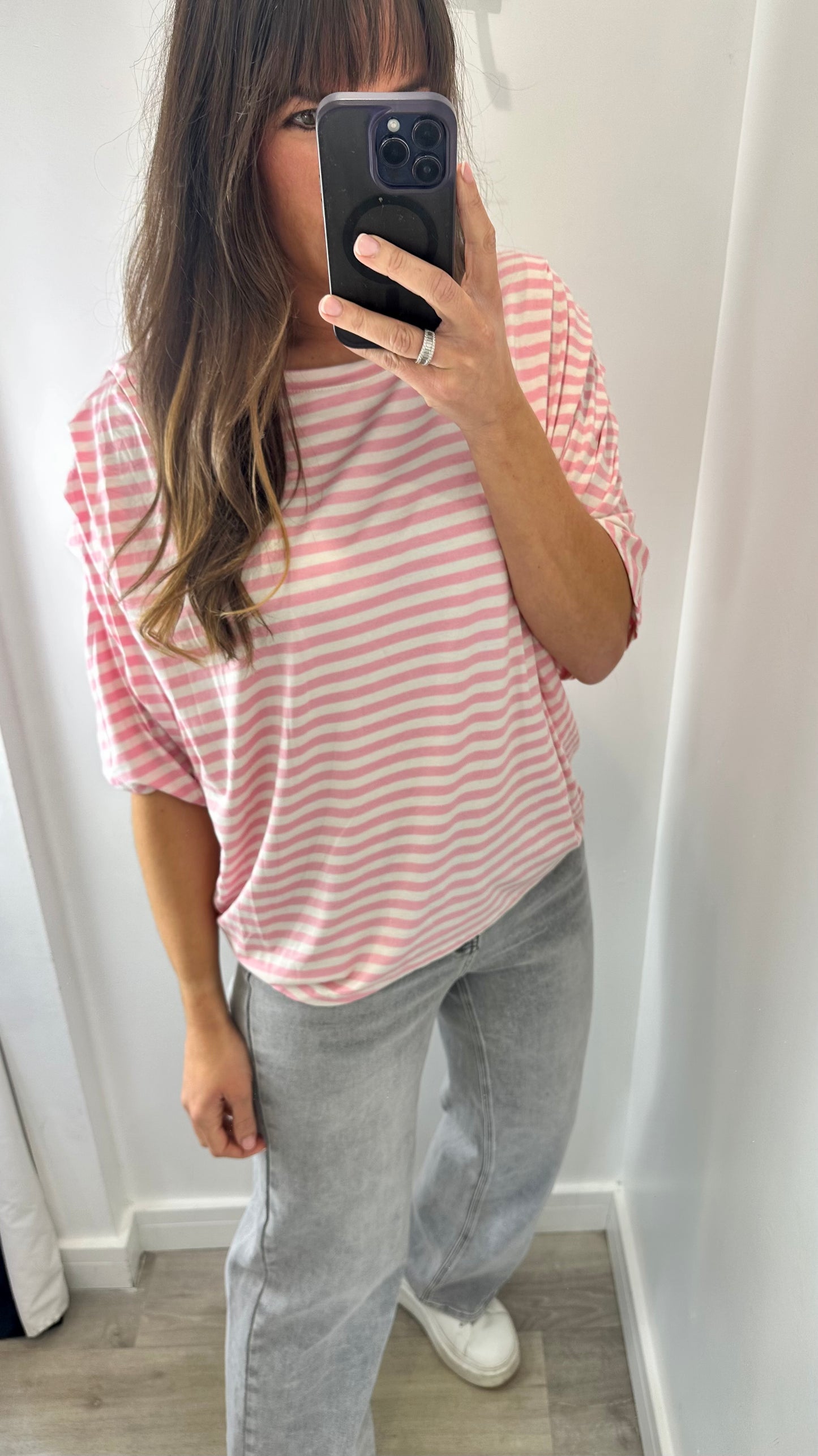 PINK AND WHITE STRIPED BATWING PLEATED SHOULDER TOP