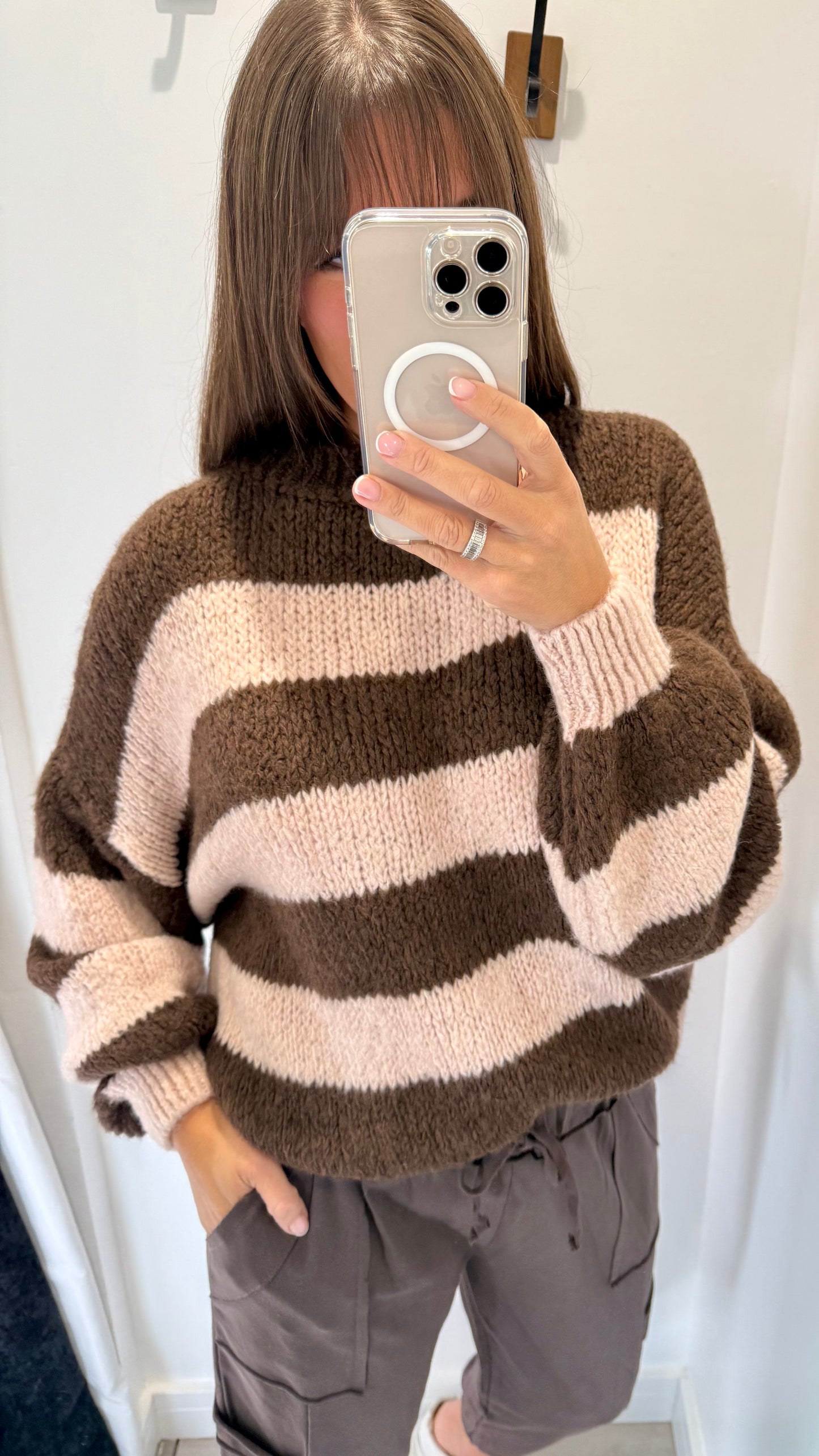 CHOCOLATE AND PALE PINK STRIPE TEXTURED KNIT JUMPER