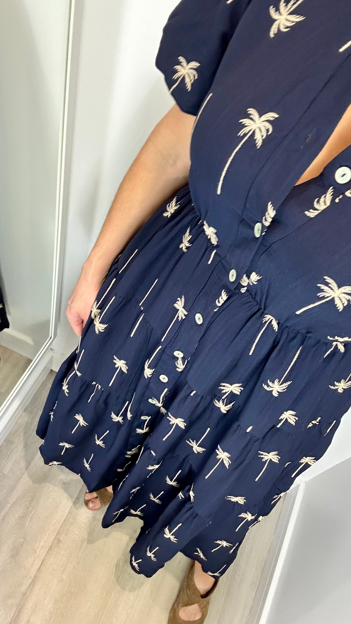 NAVY AND TAN PALM PRINT DRESS