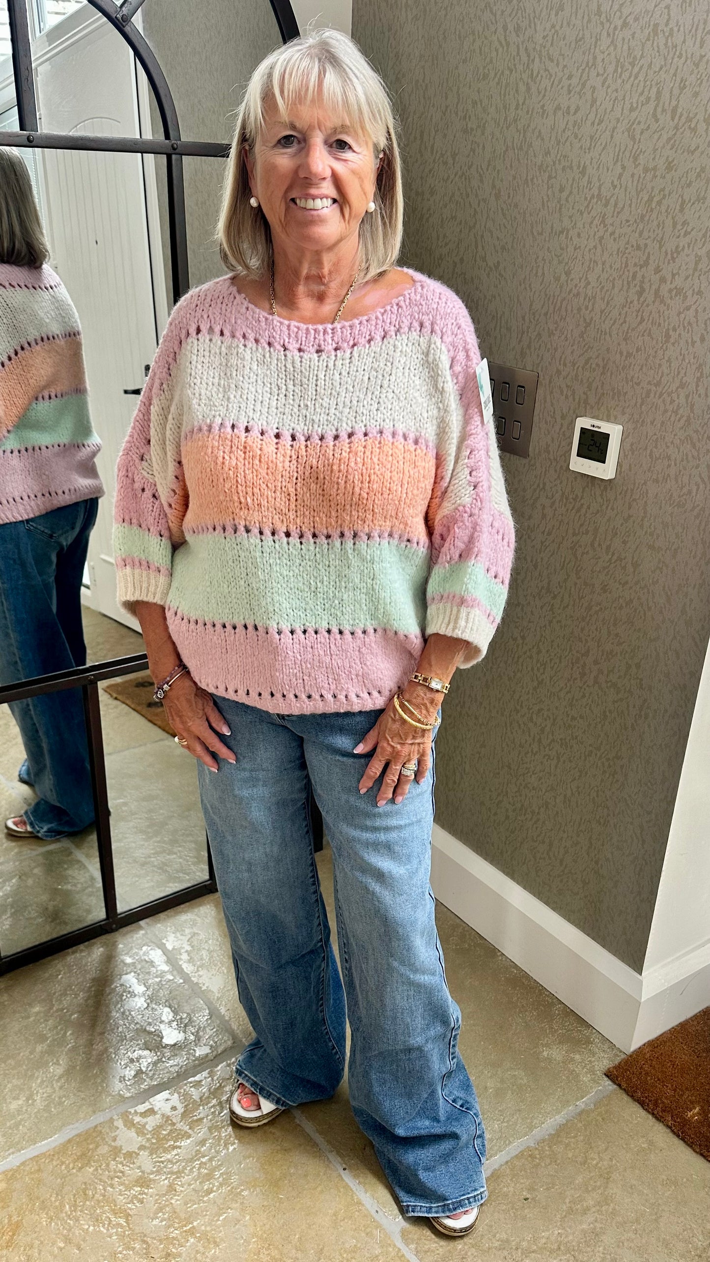 PASTEL COLOUR BLOCK CROCHET STYLE KNIT JUMPER