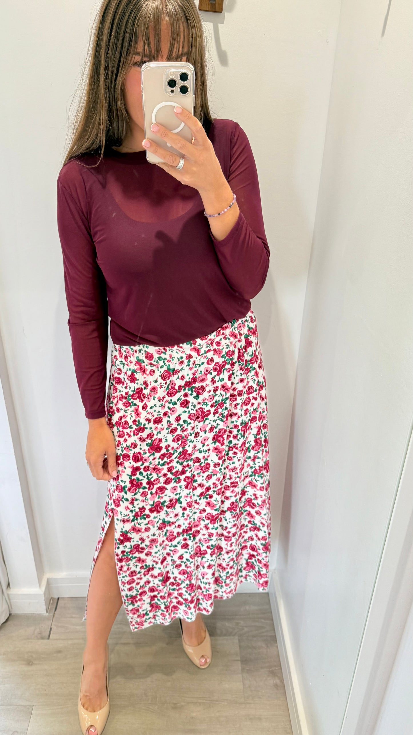FLORAL PRINT MIDI SKIRT - WHITE WITH GREEN AND PINK