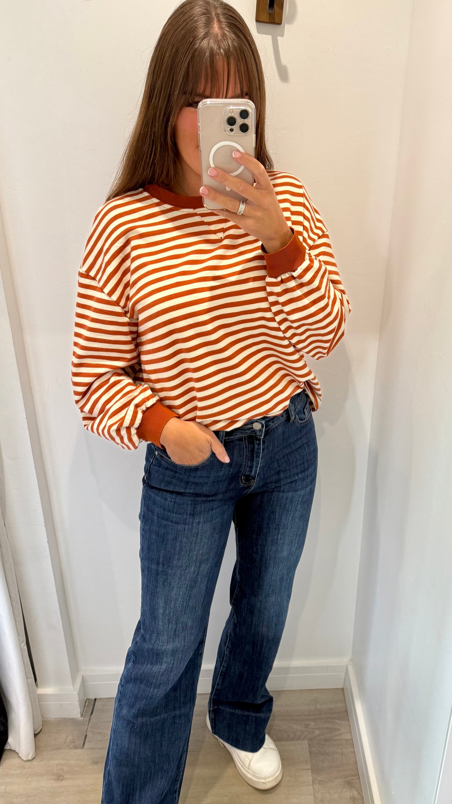 RUST AND CREAM STRIPE CREW SWEAT TOP