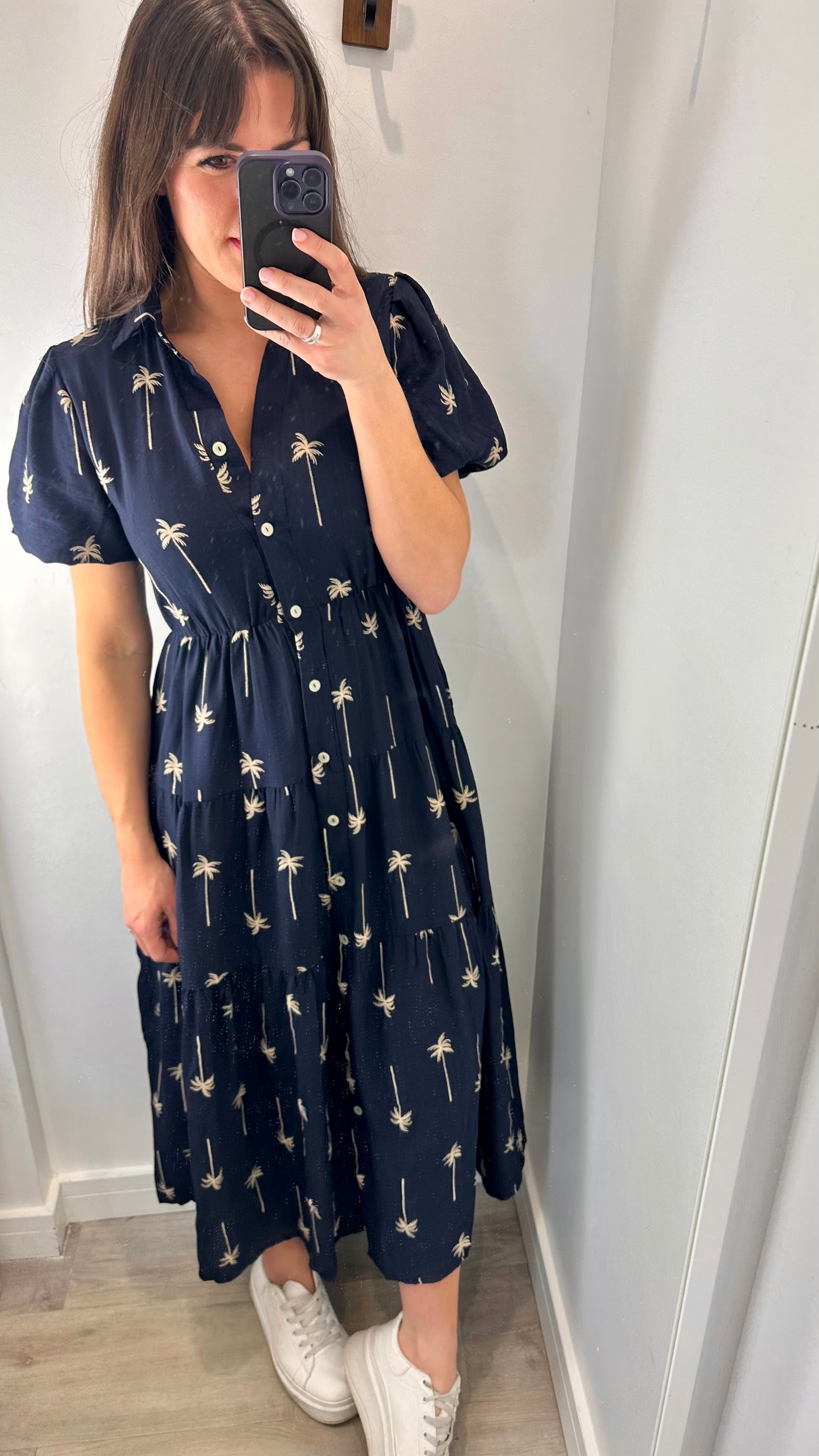 NAVY AND TAN PALM PRINT DRESS