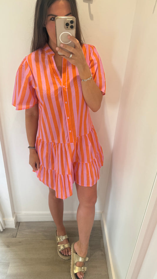 ORANGE & PINK STRIPE MIDI DRESS