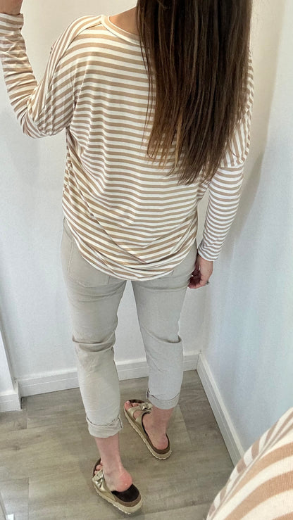 SAND AND WHITE BRETON STRIPE BATWING TOP