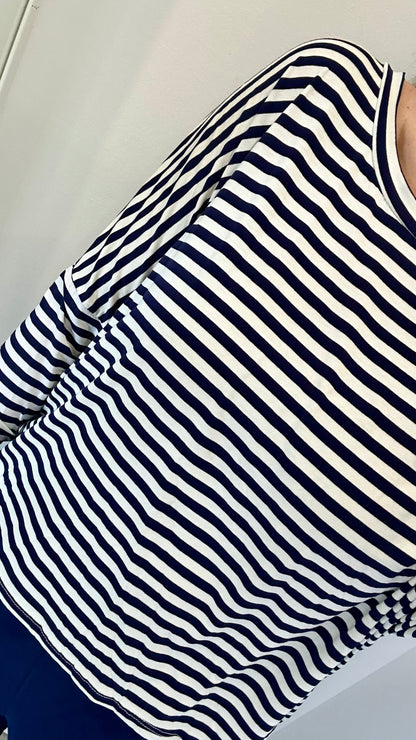 NAVY AND WHITE BRETON STRIPE BATWING TOP