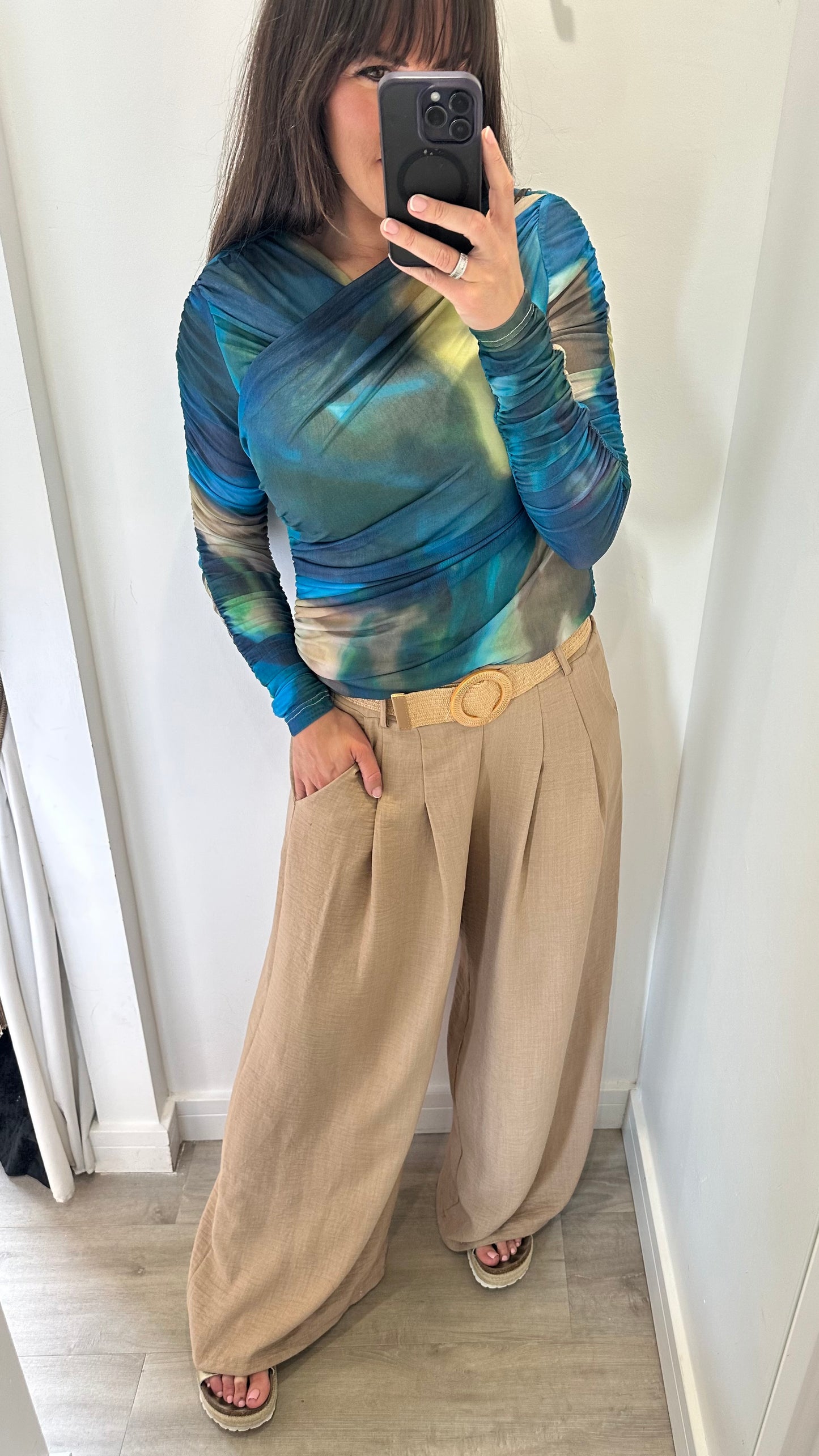 BLUE AND GREEN RUCHED V NECK TIE DYE TOP