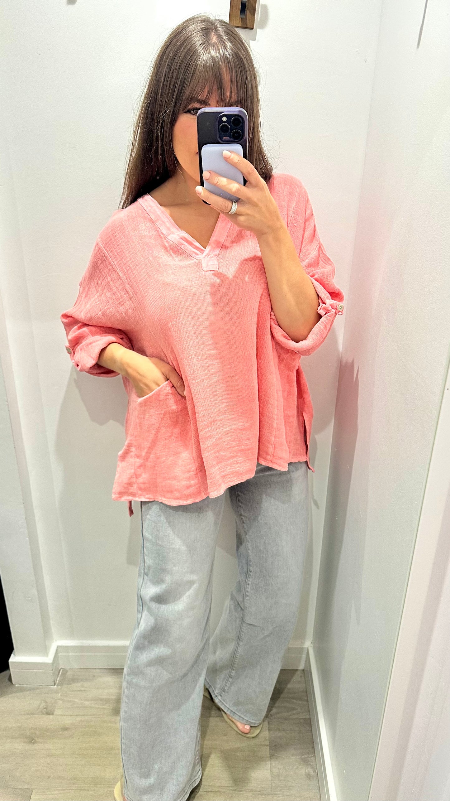 CORAL LINEN MIX V NECK TEABAG TOP