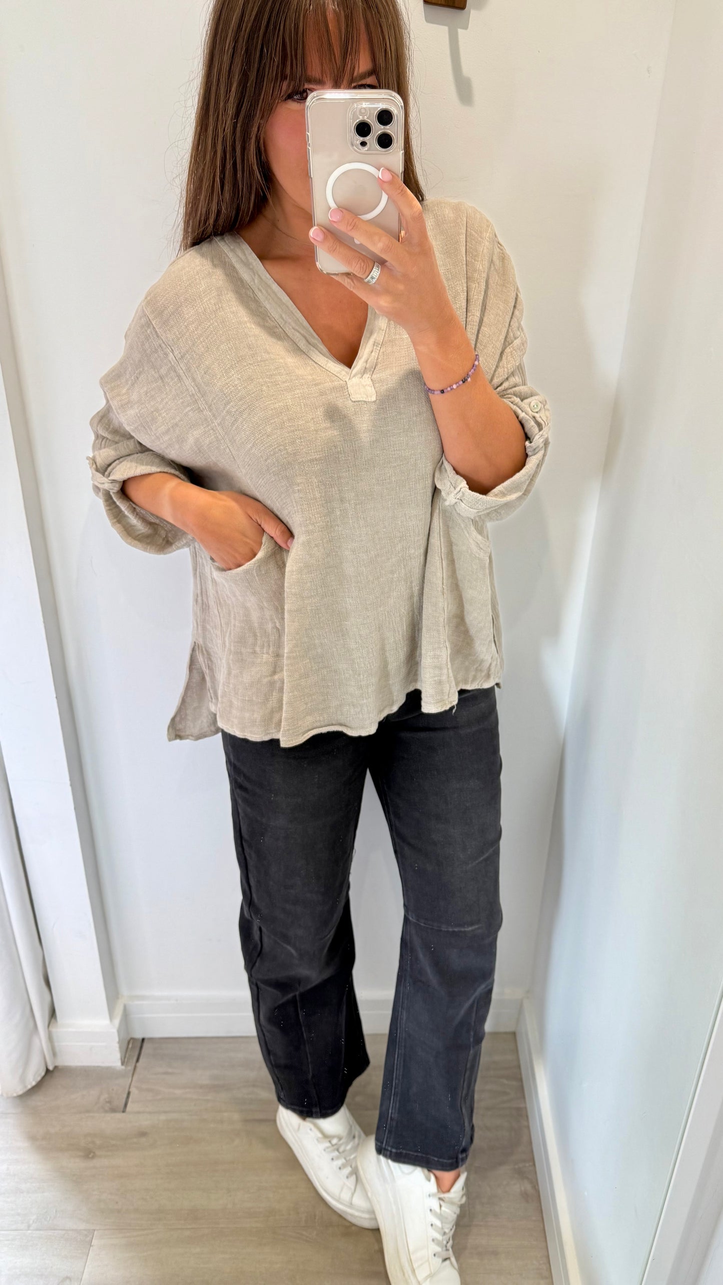 STONE LINEN MIX V NECK TEABAG TOP