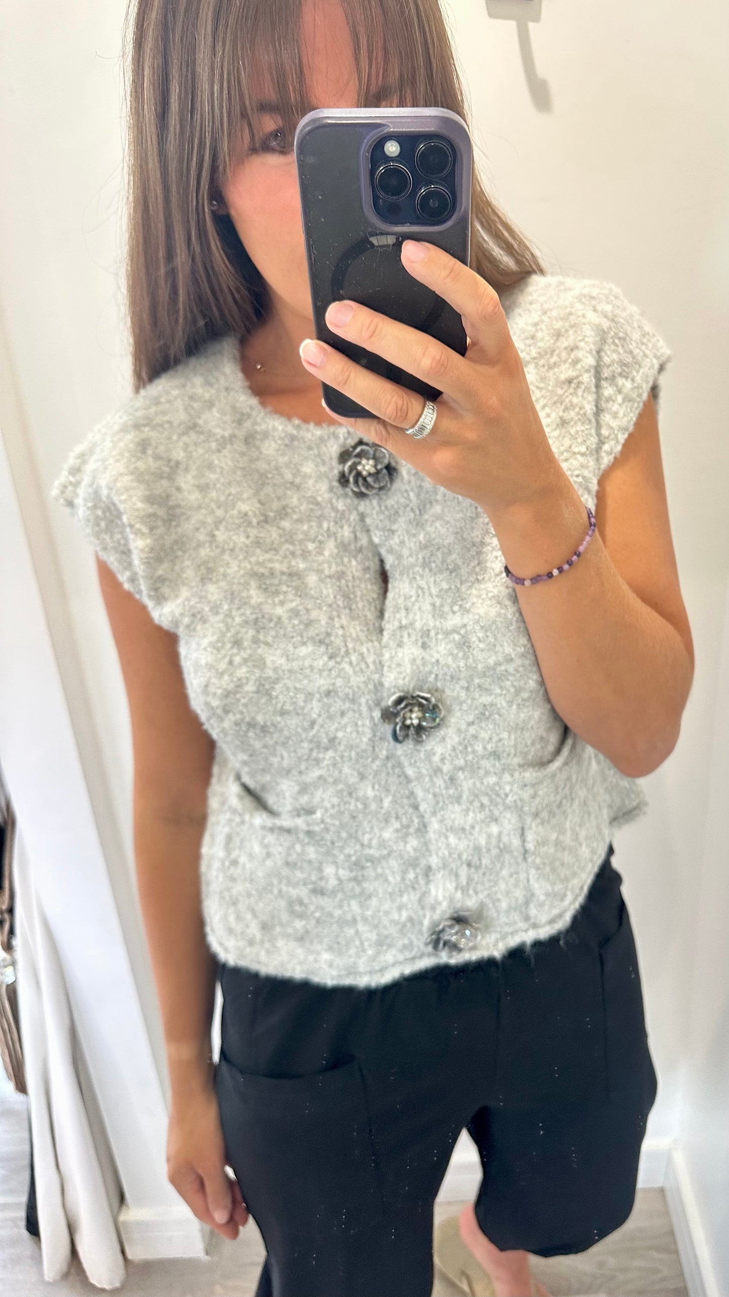 CAP SLEEVE BOUCLE-STYLE WAISTCOAT TOP WITH FLOWER BUTTONS