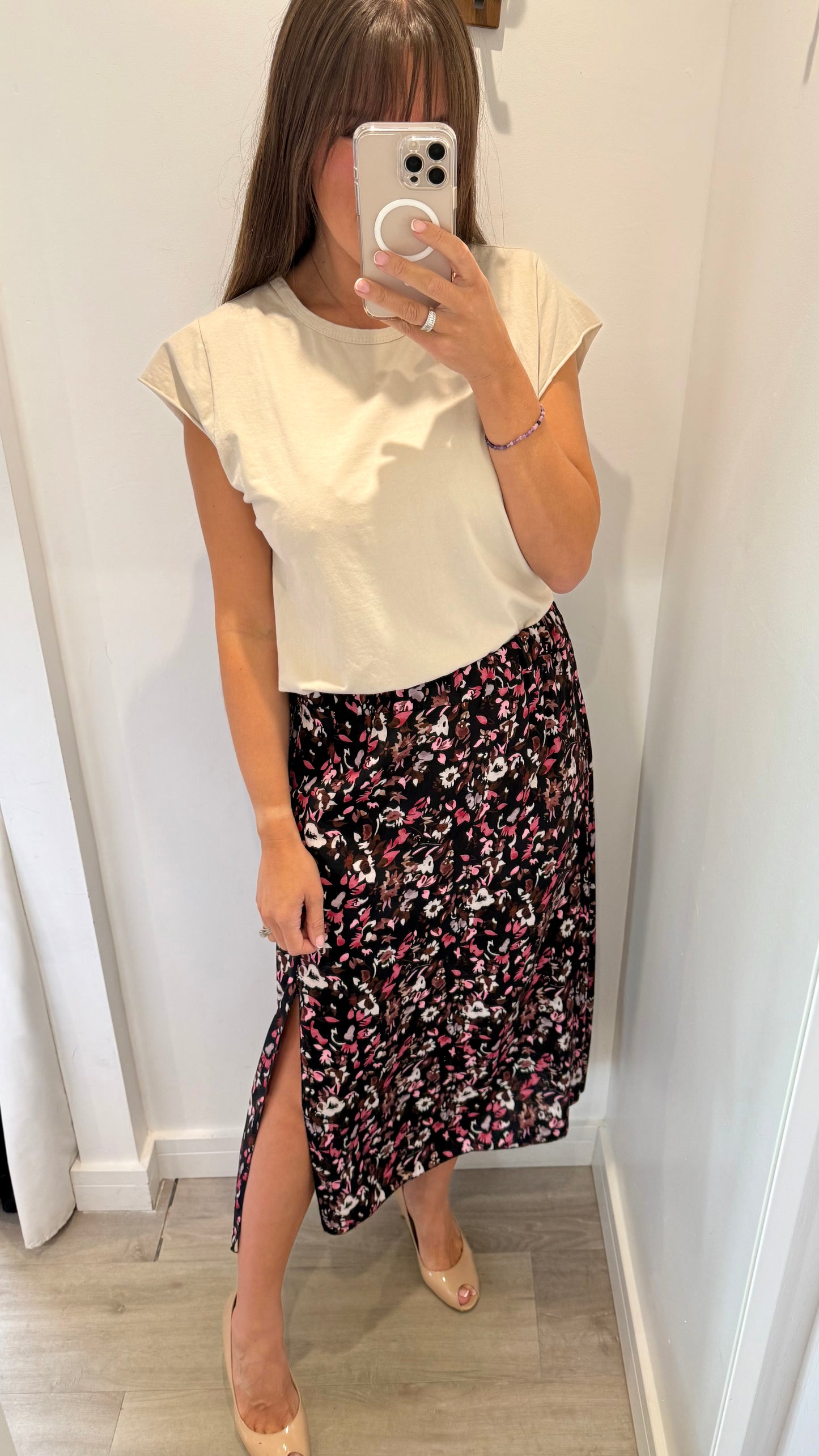 FLORAL PRINT MIDI SKIRT - BLACK WITH BLUSH AND NUDE