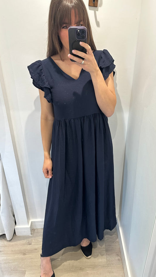 NAVY BUTTON BACK DRESS
