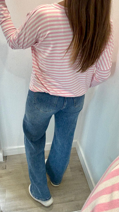 PINK AND WHITE BRETON STRIPE BATWING TOP
