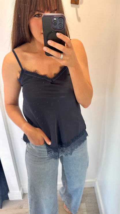 MIDNIGHT BLUE LACE DETAIL SILK CAMI TOP