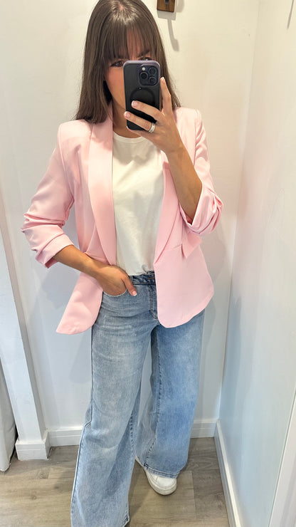 BABY PINK RUCHED SLEEVE BLAZER