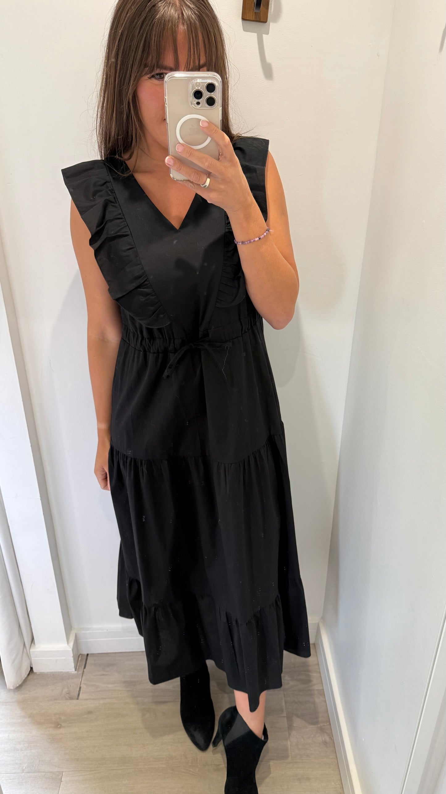 BLACK JET TIERED COTTON MAXI DRESS