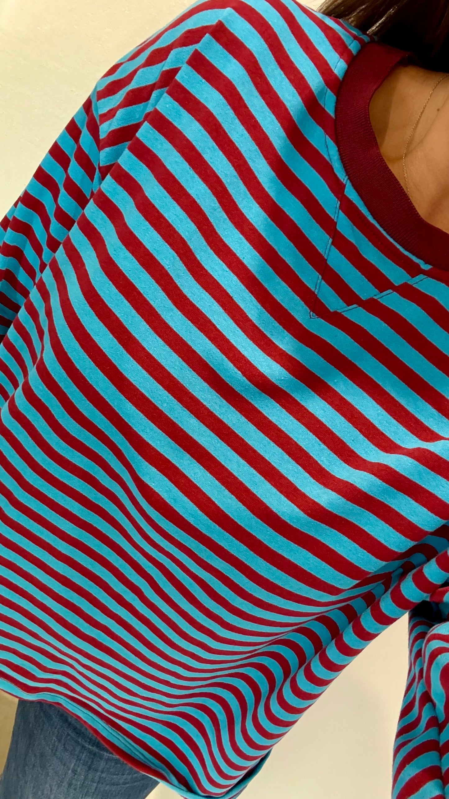 MERLOT AND BLUE STRIPE CREW SWEAT TOP