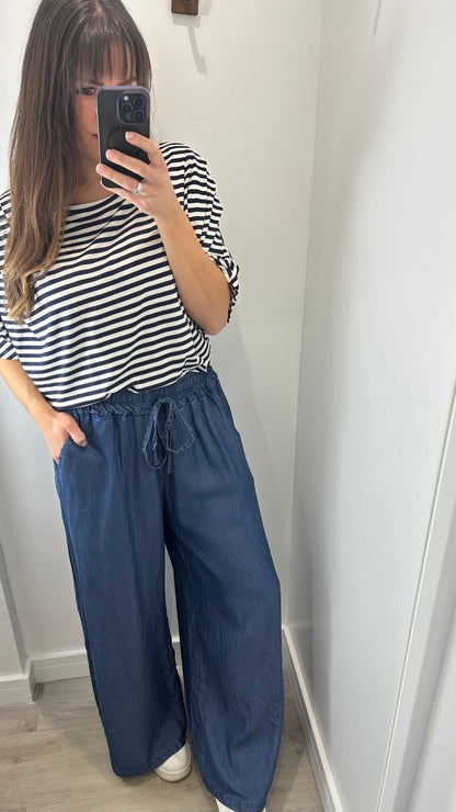 MID BLUE DENIM PALAZZO PANT