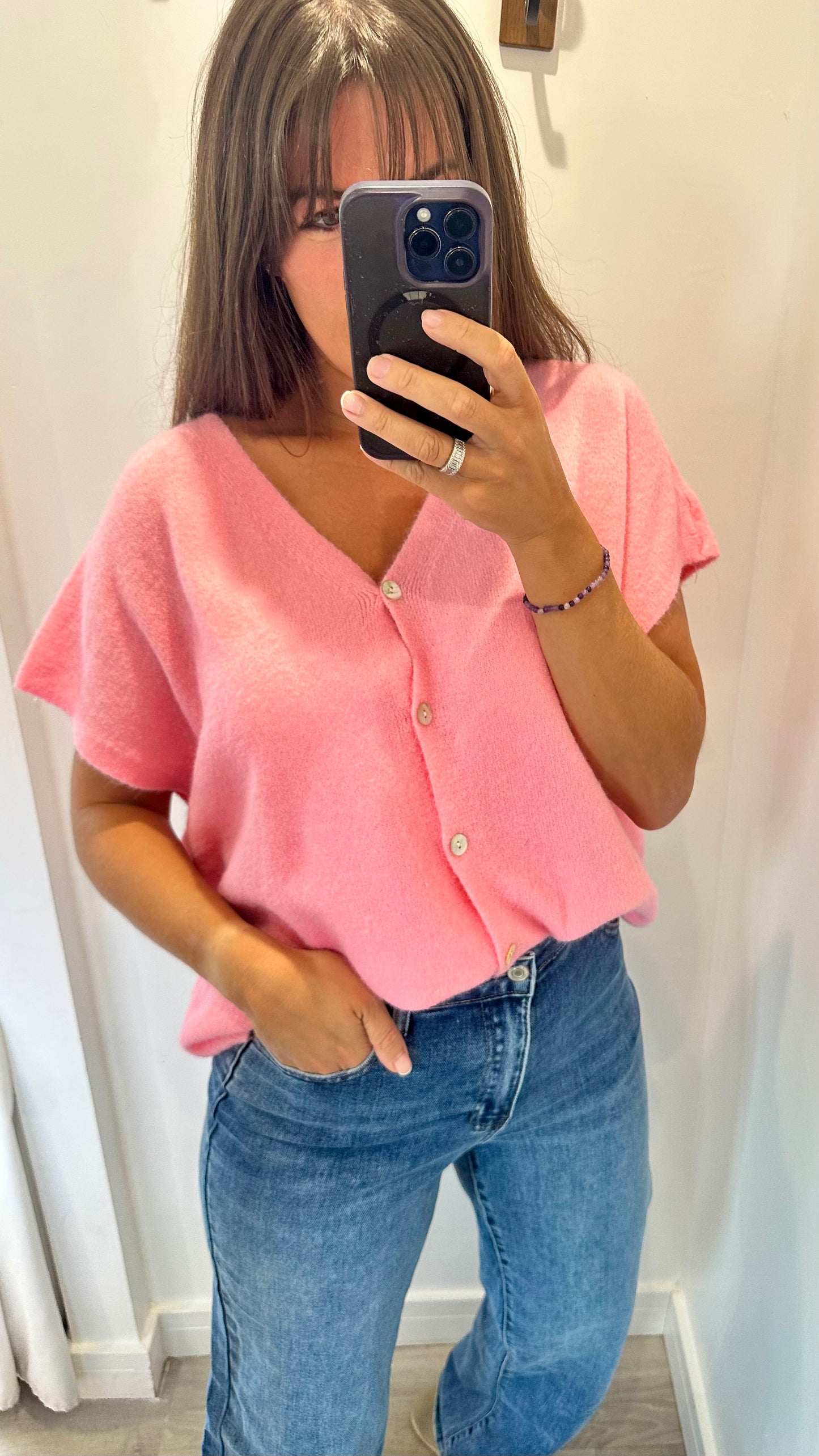 PINK DEEP V BOXY SLEEVELESS CARDIGAN