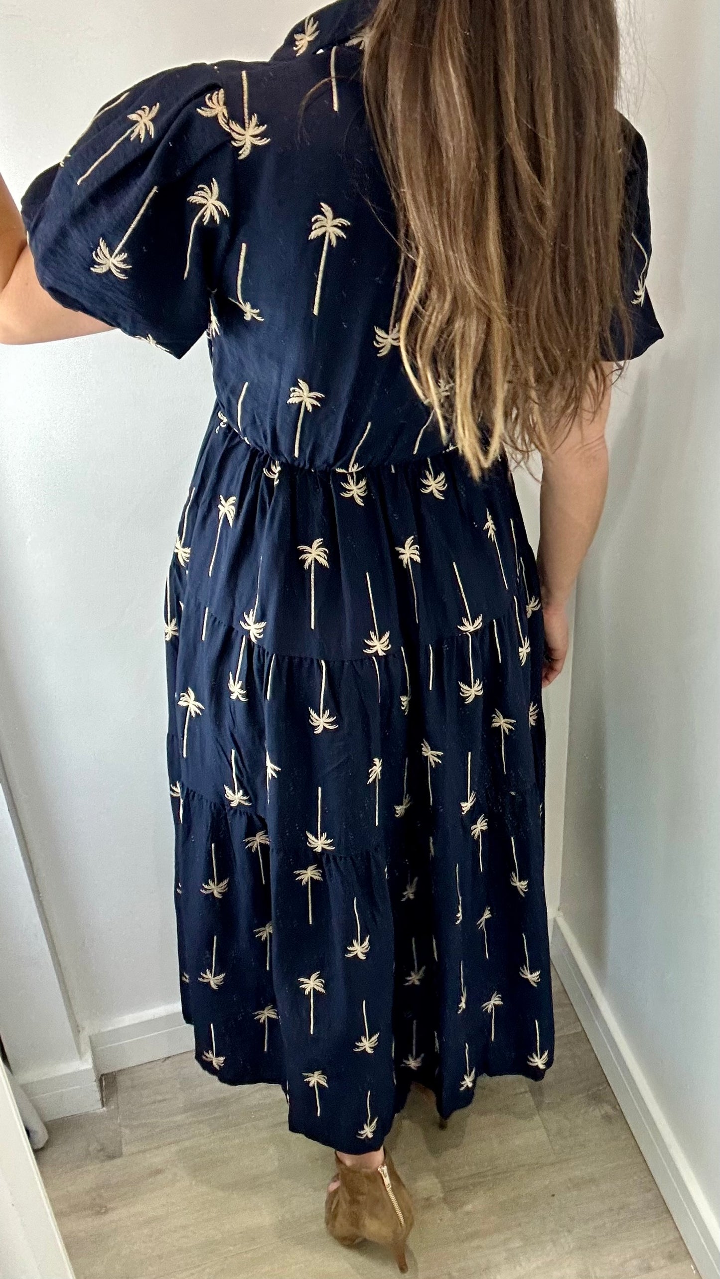 NAVY AND TAN PALM PRINT DRESS