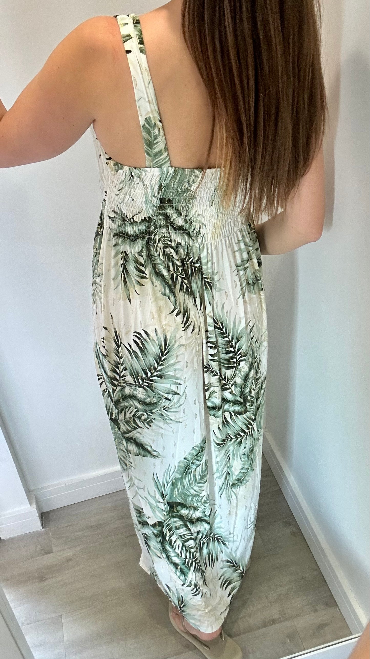 KHAKI PALM PRINT MAXI DRESS