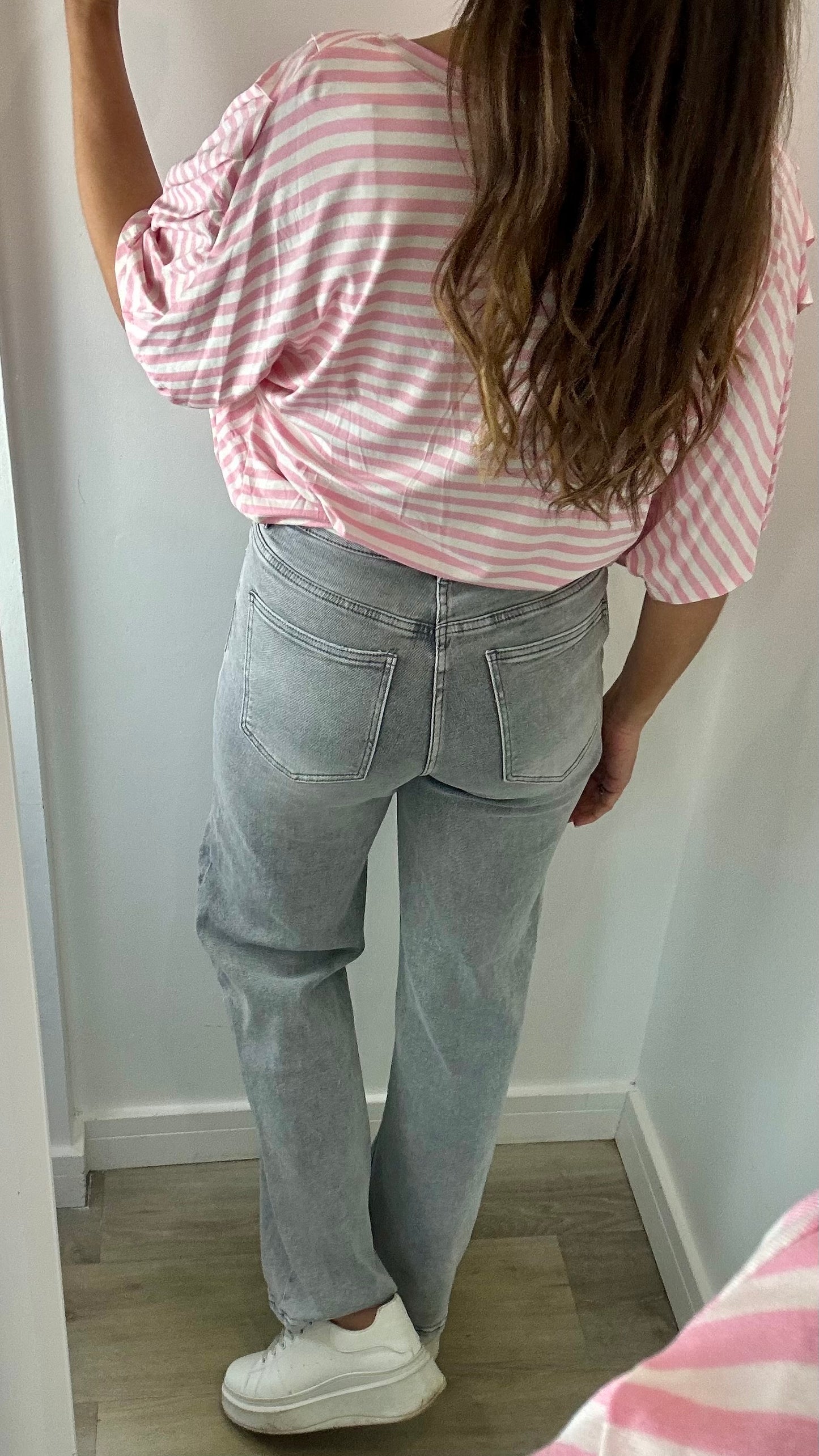PINK AND WHITE STRIPED BATWING PLEATED SHOULDER TOP