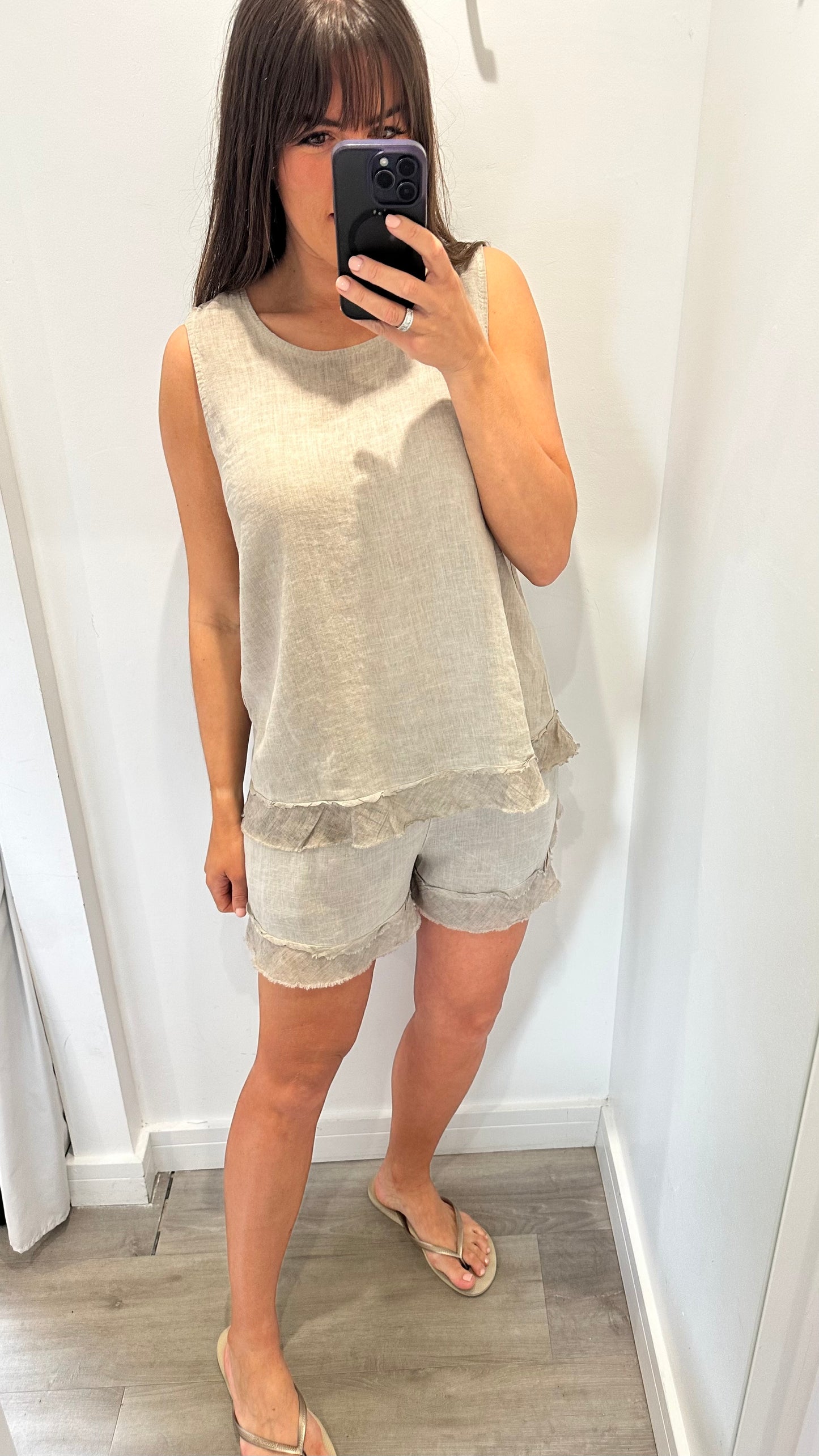 SAND SLEEVELESS LINEN MIX TOP