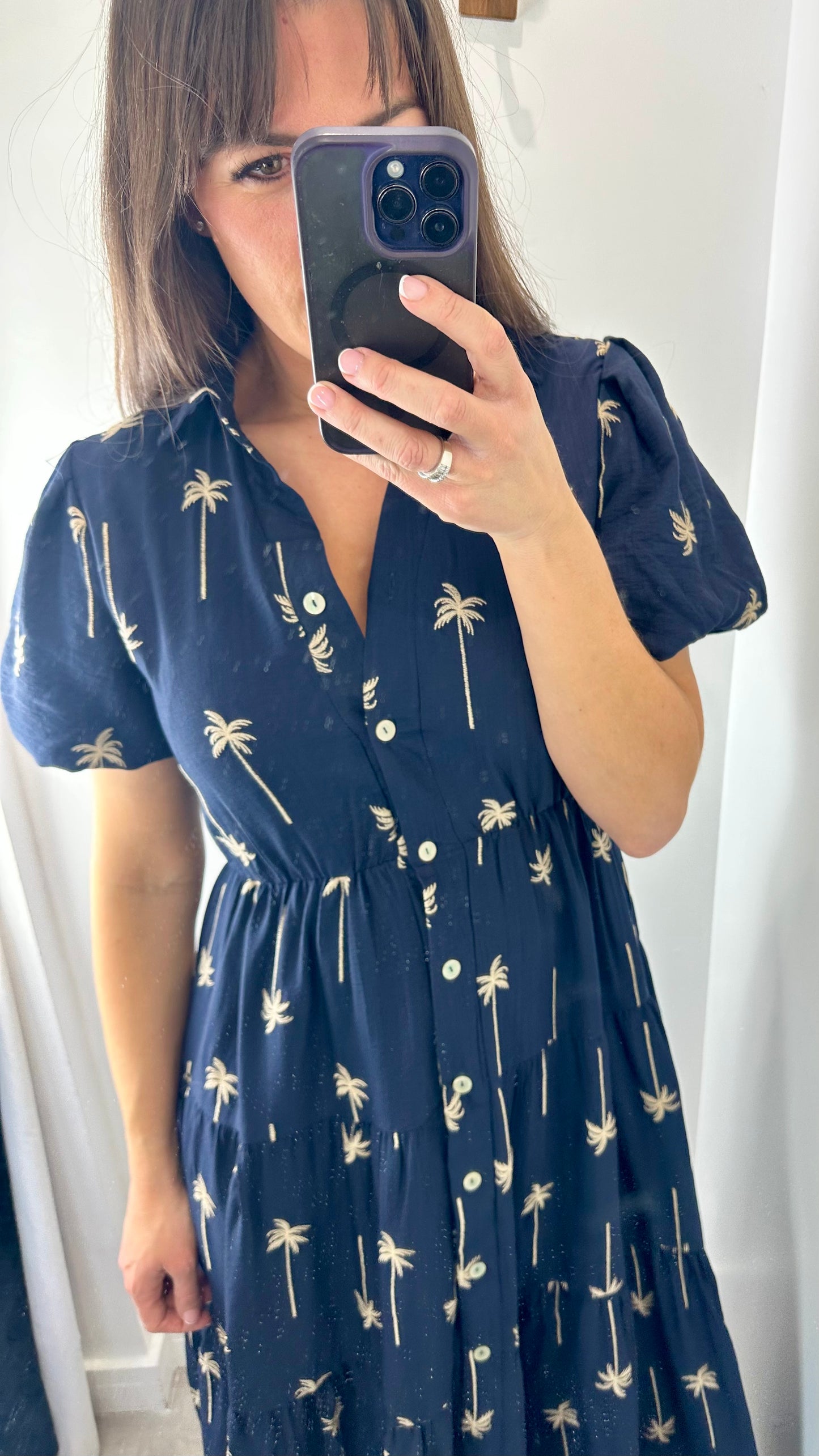 NAVY AND TAN PALM PRINT DRESS