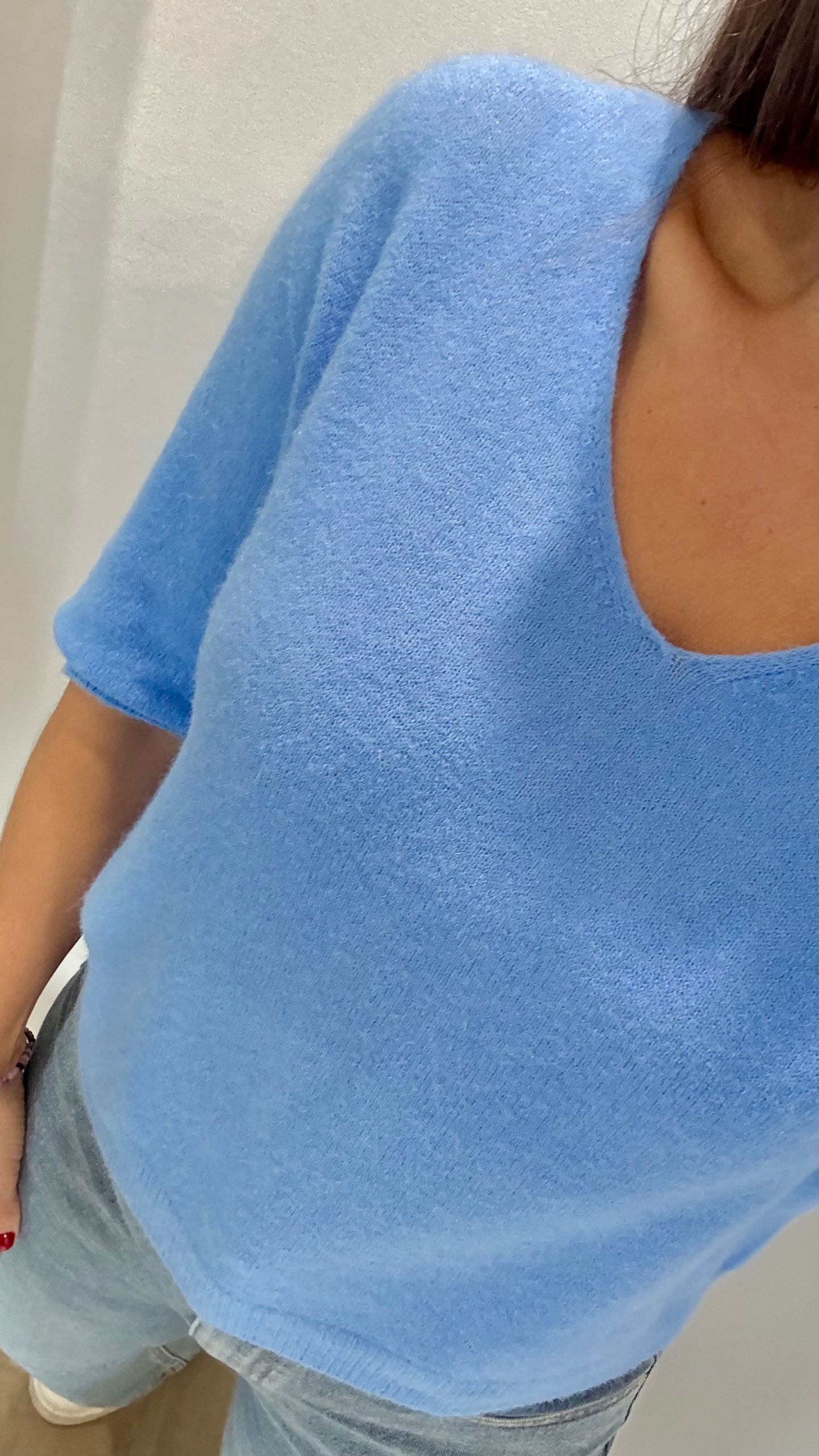 CORNFLOUR BLUE V-NECK ELBOW SLEEVE KNIT