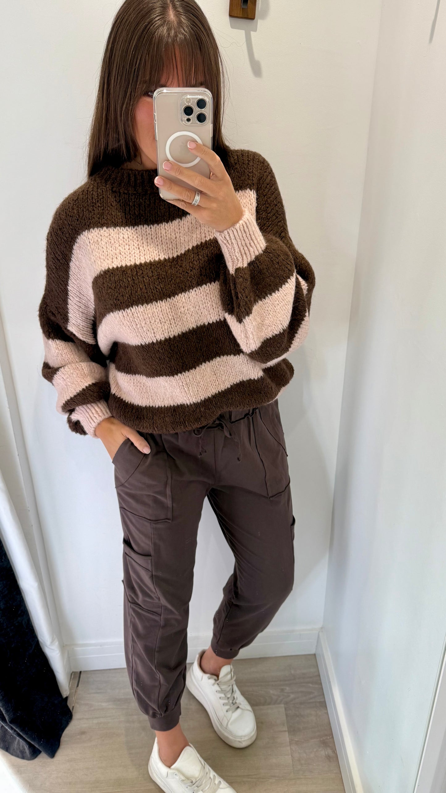 CHOCOLATE AND PALE PINK STRIPE TEXTURED KNIT JUMPER