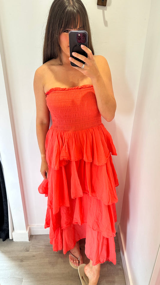 CORAL BANDEAU FLAMENCO MAXI DRESS