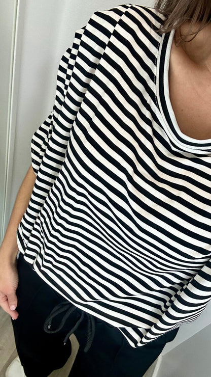 BLACK AND WHITE STRIPED BATWING PLEATED SHOULDER TOP