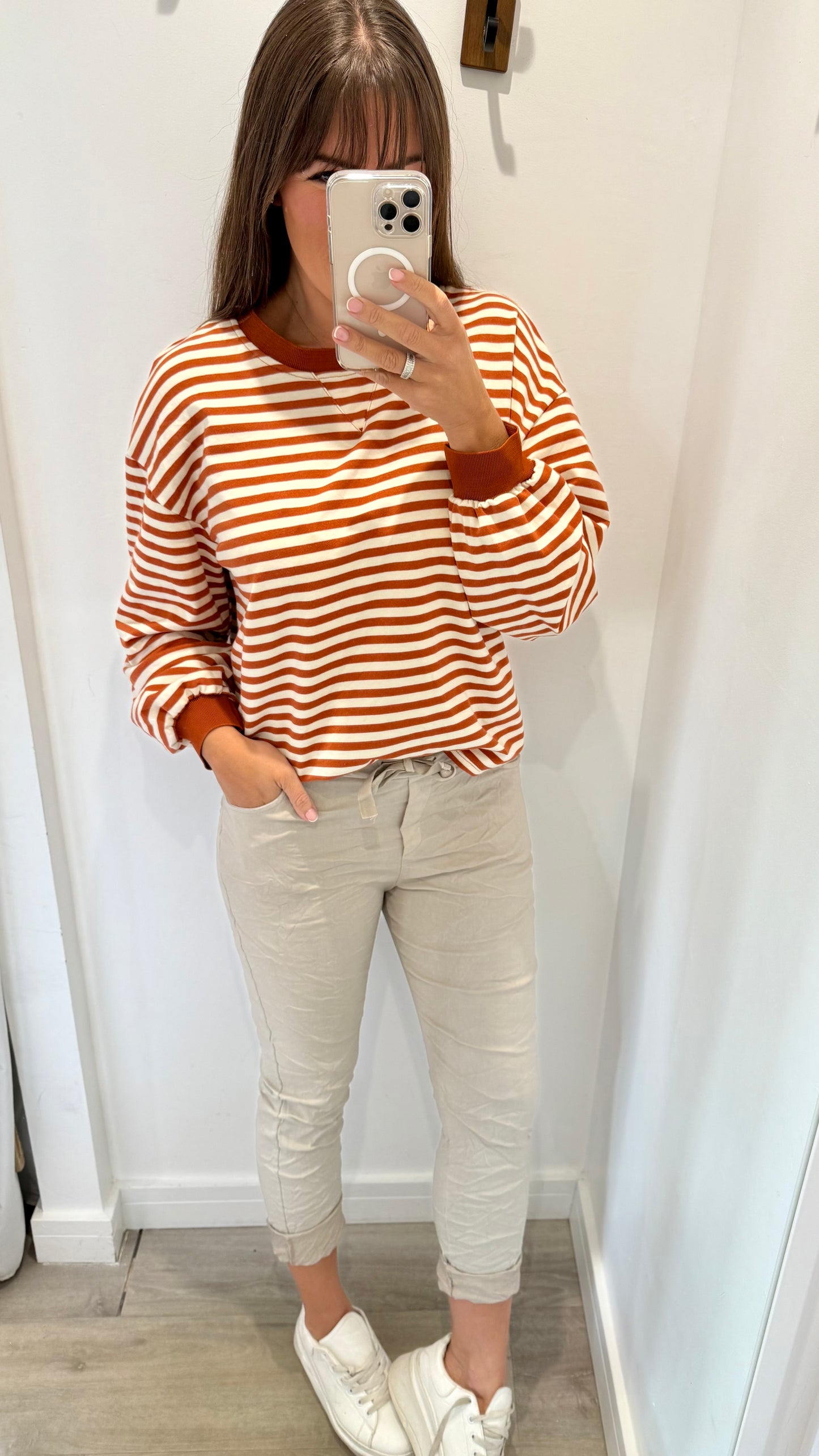 RUST AND CREAM STRIPE CREW SWEAT TOP