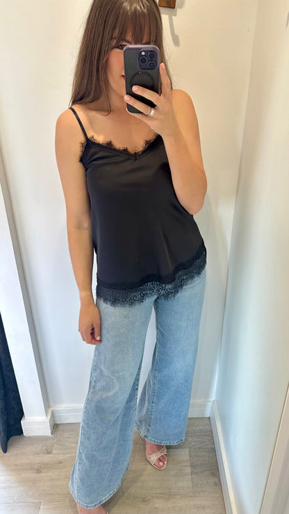 BLACK LACE DETAIL SILK CAMI TOP