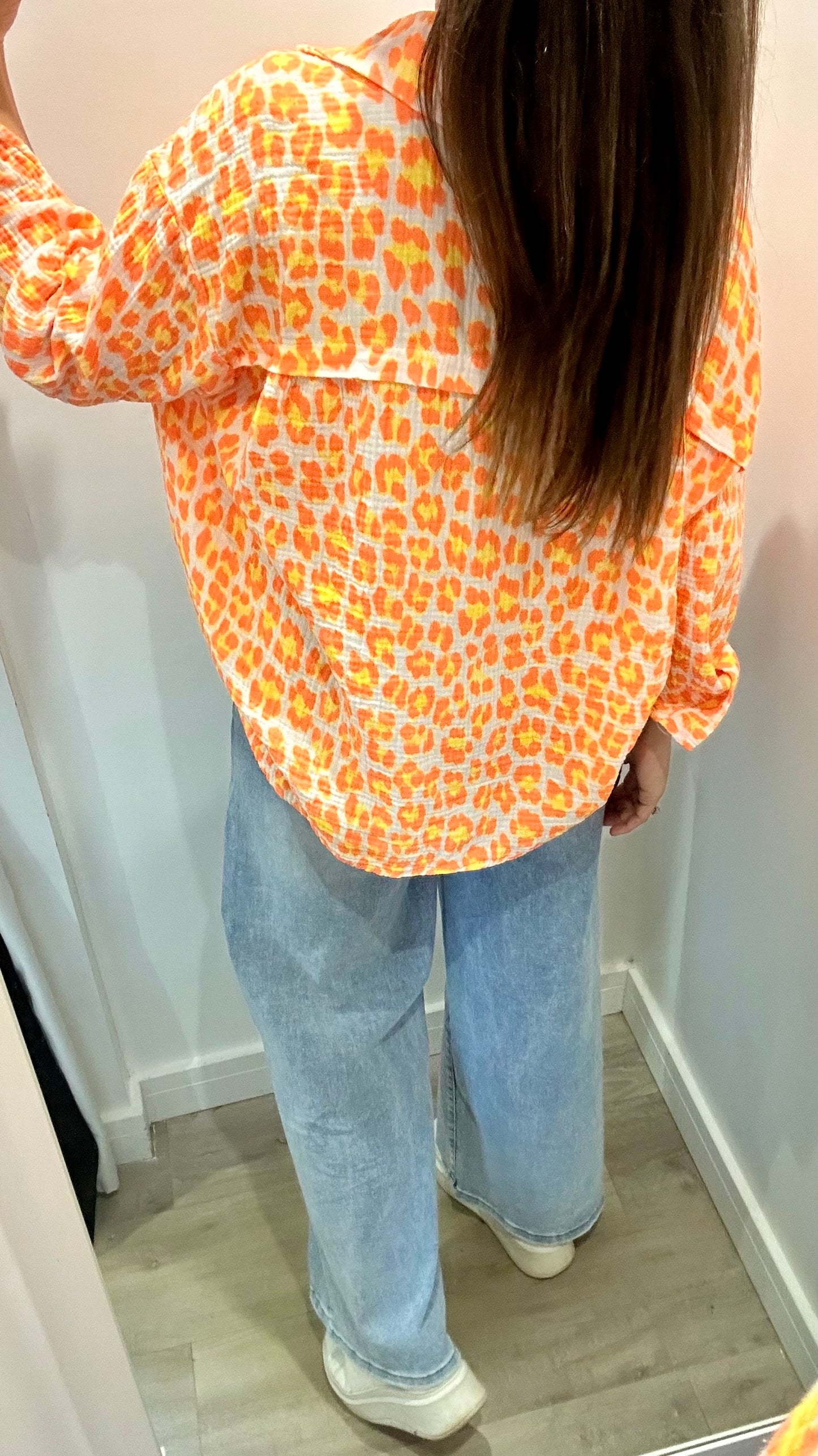 ORANGE, YELLOW, AND WHITE NEON LEOPARD CHESSECLOTH SHIRT